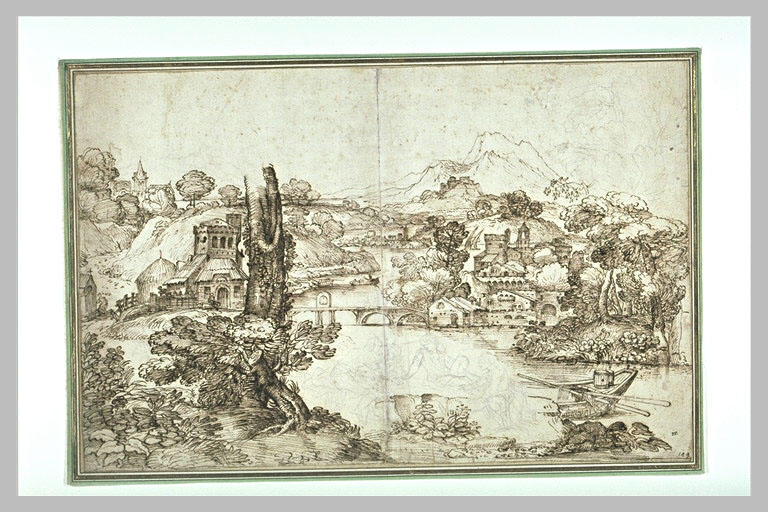 Paysage fluvial avec un pont et quatre figures allongées sur une berge