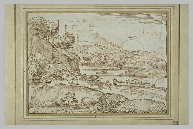 Vaste paysage montagneux, avec une rivière passant à travers champs