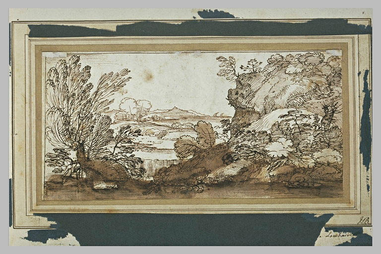 Plaine en bord de mer, visible à travers des taillis