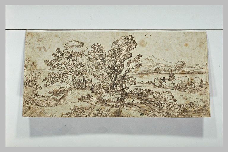 Paysage boisé et vallonné, avec un clocher émergeant au loin