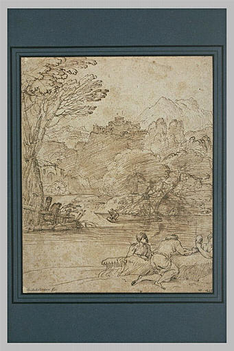 Baigneurs, homme sur une barque dans un paysage montagneux, avec un moulin