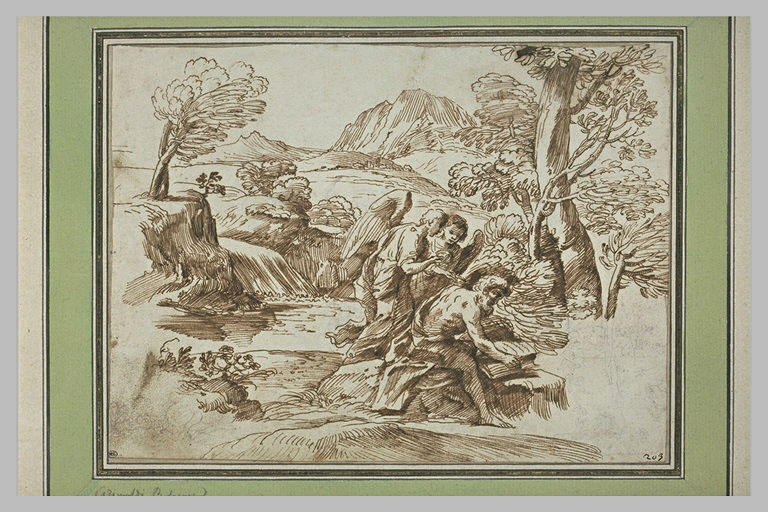 Ermite lisant dans le désert, avec deux anges derrière lui