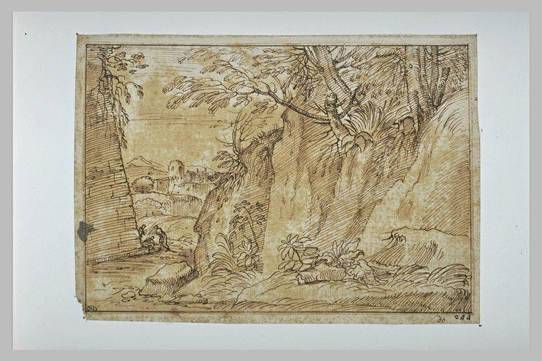 Défilé rocheux, avec des arbres, débouchant dans une plaine avec un bourg