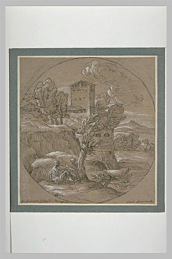 Près d'une maison-forte, deux figures discutant sous un arbre