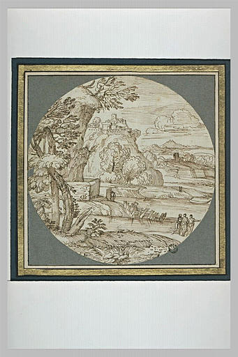 Dans un paysage rocheux, en bord de mer, trois figures conversant