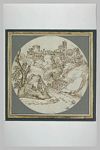 Deux cavaliers sur un chemin menant à une abbaye sur une colline