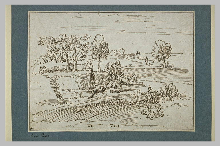 Plusieurs personnages se reposant et conversant, dans un paysage