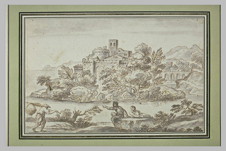 Trois hommes au bord de l'eau, devant une forteresse sur une île