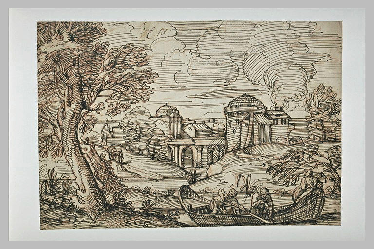 Trois pêcheurs dans une barque, non loin d'une cité