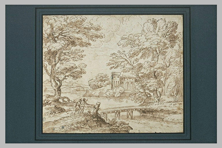 Tobie et Raphaël s'apprêtant à passer un pont, près d'un château