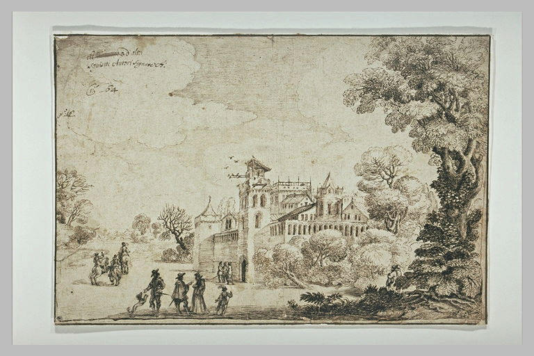 Paysage avec trois cavaliers et des figures près d'un château fort