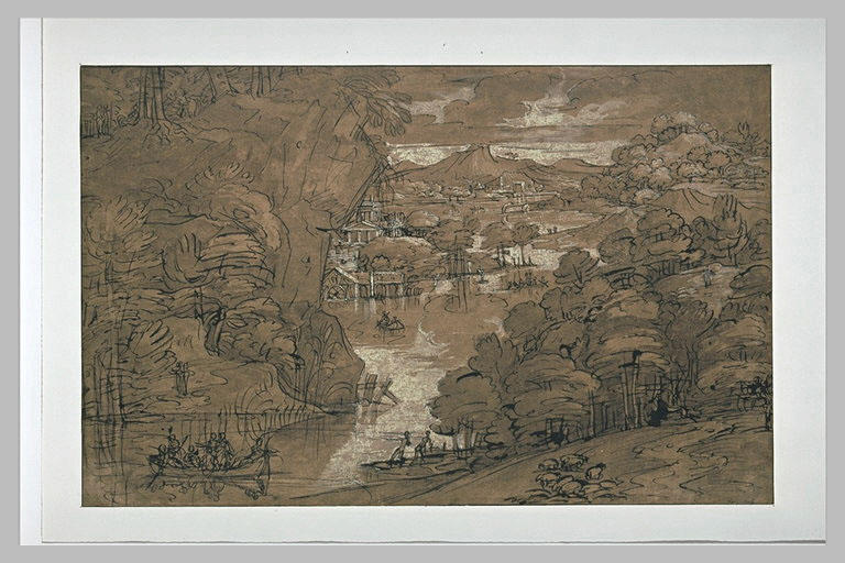 Paysage montueux et rocheux encerclant des étendues d'eau animées de barques