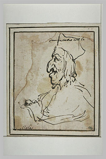 Caricature : homme, vu en buste, coiffé d'un bonnet carré