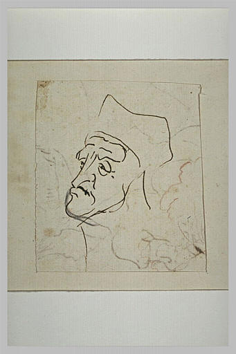 Caricature : tête d'homme, coiffé d'un bonnet carré