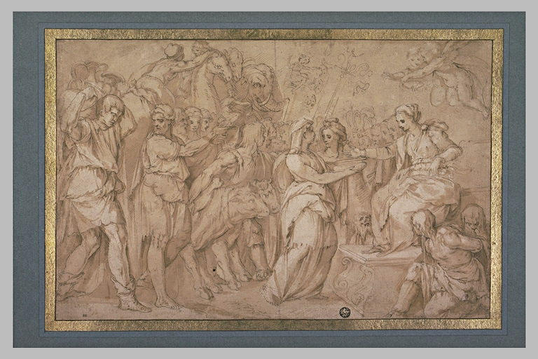 Cortège d'hommes et d'animaux se présentant devant une femme sur un trône