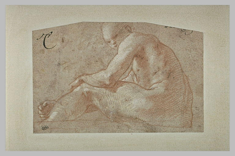 Homme nu, assis, de profil vers la gauche, la tête de trois quarts
