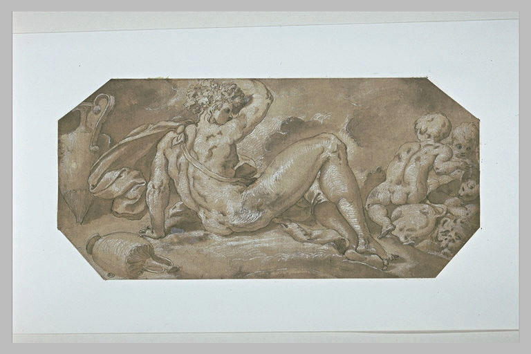 Bacchus enivré, couché à terre, avec trois enfants montés sur des lions