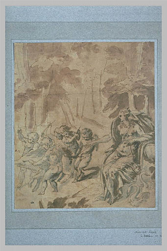 Une femme assise et plusieurs amours retenant un sanglier