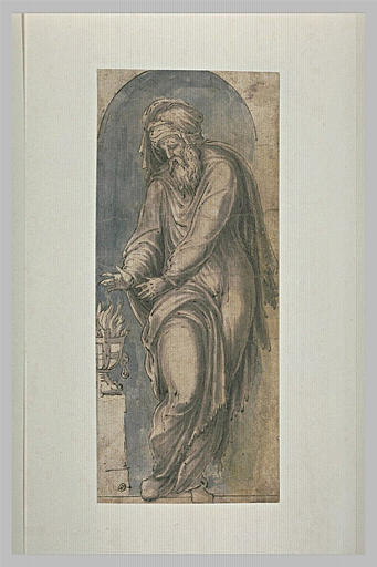 L'Hiver debout dans une niche, se chauffant les mains à un brasier