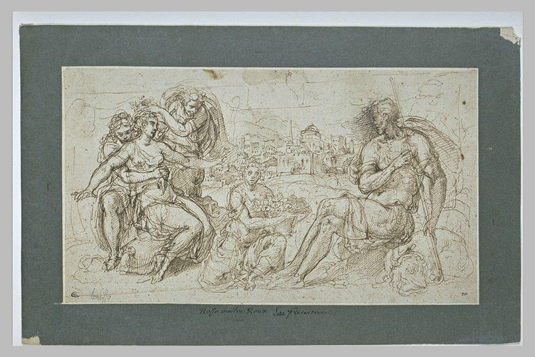 Femme blessée d'une flèche, soutenue par d'autres, devant un guerrier assis