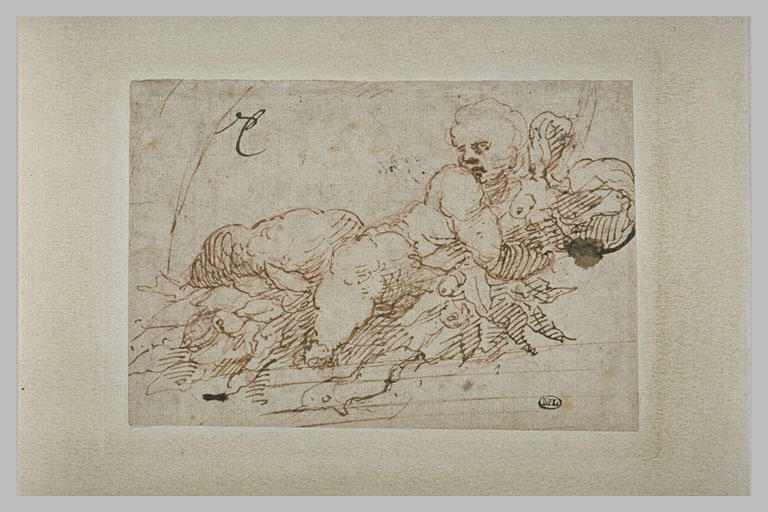 Enfant couché, tenant une guirlande de fruits et de fleurs