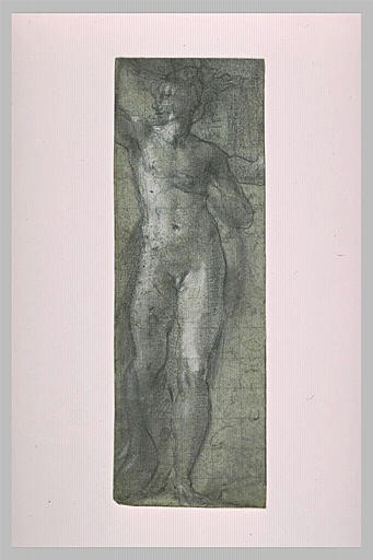 Homme nu, debout, tendant le bras droit