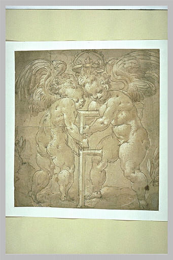 Deux putti tenant le chiffre de François II, couronné à l'impérial