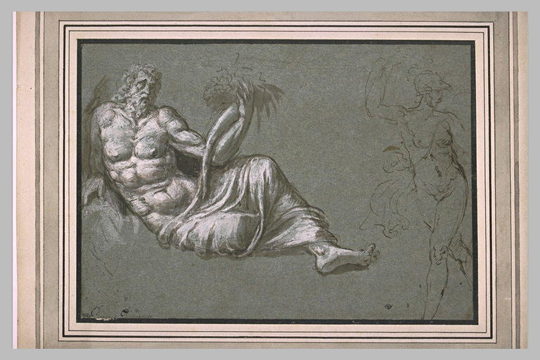 Vieillard à demi nu, étendu et tenant une corne d'abondance, et guerrier