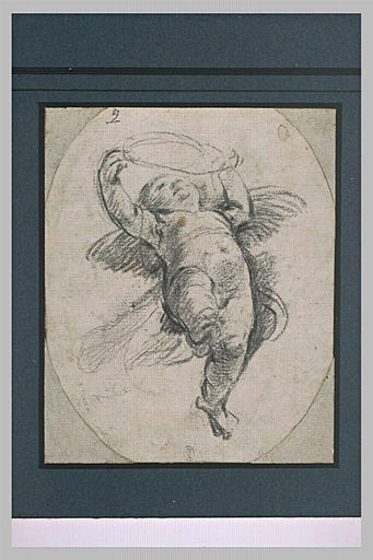 Angelot tenant une couronne, volant, vu par en-dessous