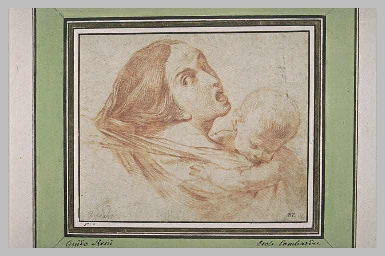 Buste d'une femme tenant son enfant, se retournant avec terreur