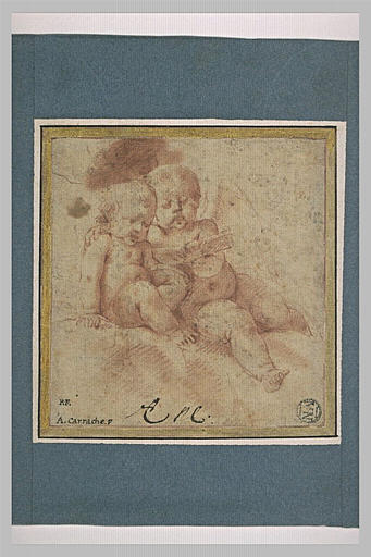 Deux amours assis à côté l'un de l'autre, chantant