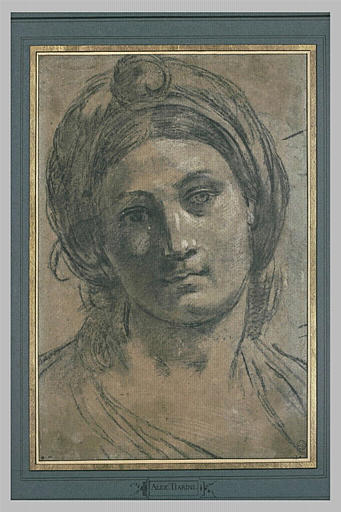 Tête de femme de grandeur naturelle, coiffée d'un turban