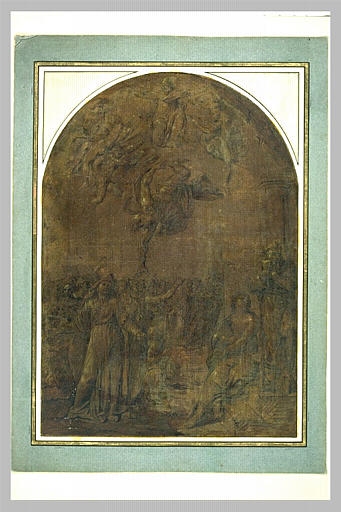 Ange descendant du ciel pour se saisir de figures sous le Christ en gloire