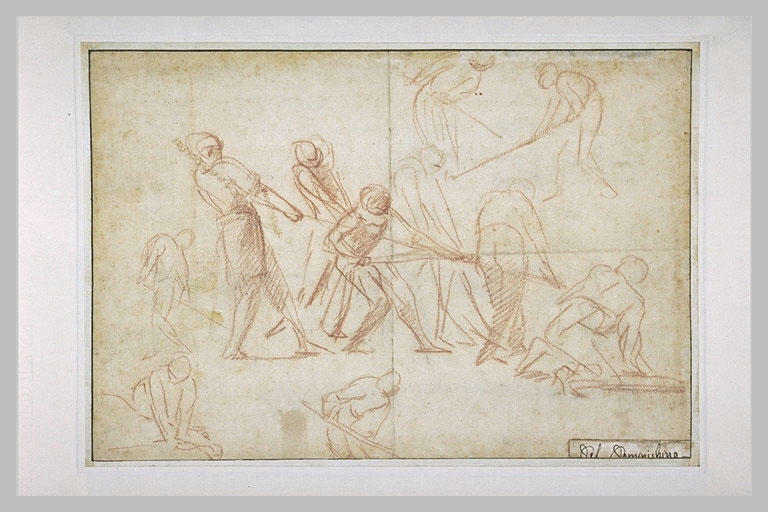 Figures arc-boutés sur une corde, et autres personnages au travail