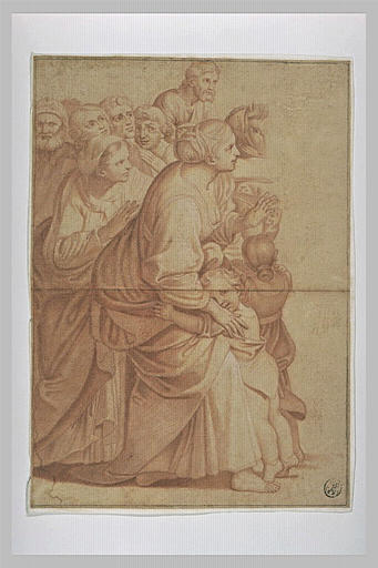 Groupe de femmes, d'enfants et d'hommes regardant vers la droite