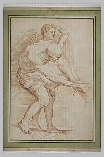 Un bourreau liant des pieds et une figure portant une charge