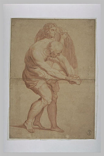 Un bourreau liant des pieds et une figure portant une charge