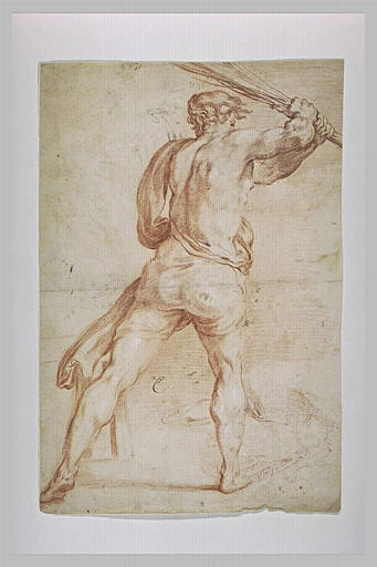 Un bourreau, tenant des verges, vu de dos