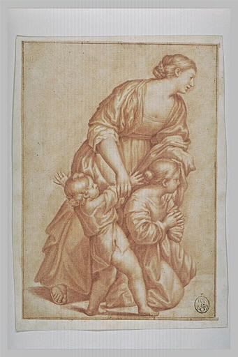 Femme drapée et deux enfants regardant avec terreur à droite