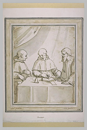 Trois moines assis autour d'une table, un livre ouvert devant eux