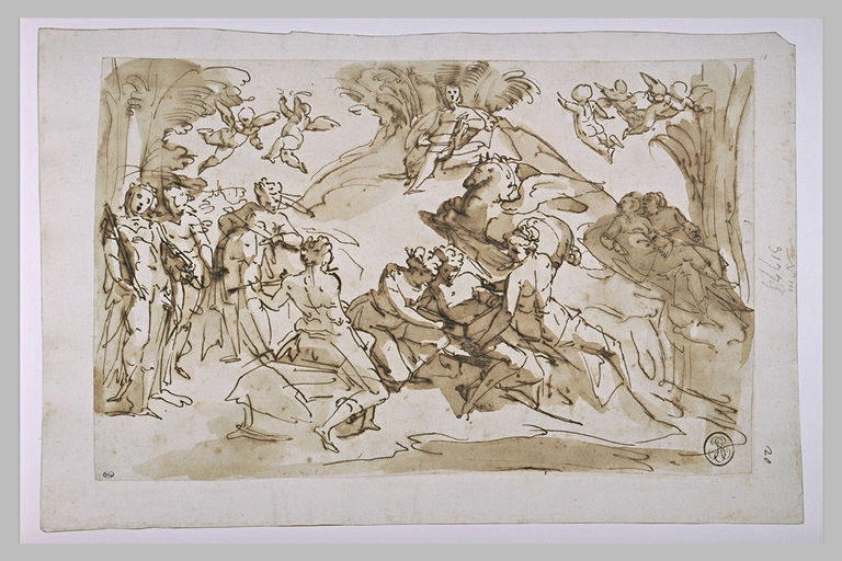 Apollon et les Muses sur le Mont Hélicon d'où Pégase fait jaillir une source