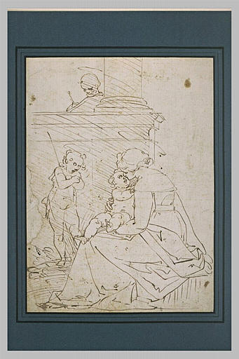 Vierge à l'Enfant avec le petit saint Jean, et saint Joseph derrière un mur
