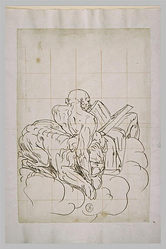 Saint Marc, assis sur des nuages, de dos, lisant