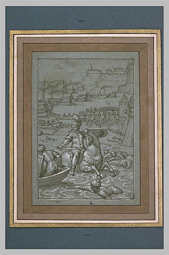Bataille navale avec un cavalier attaquant un campement de turcs dansun port