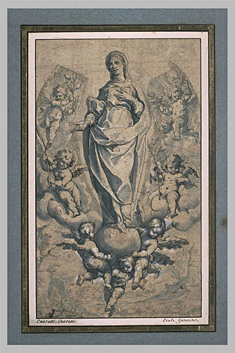 La Vierge debout sur un globe soutenu par des anges