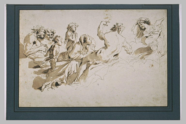 Groupe de figures regardant une femme tenant une inscription