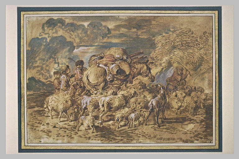 Scène de transhumance : quatre enfants conduisant un troupeau et un cheval