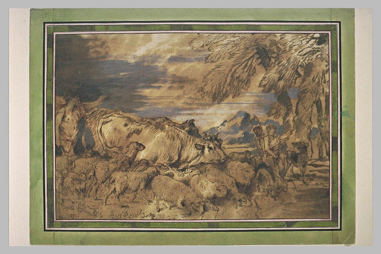 Scène de transhumance : des bergers conduisent un troupeau