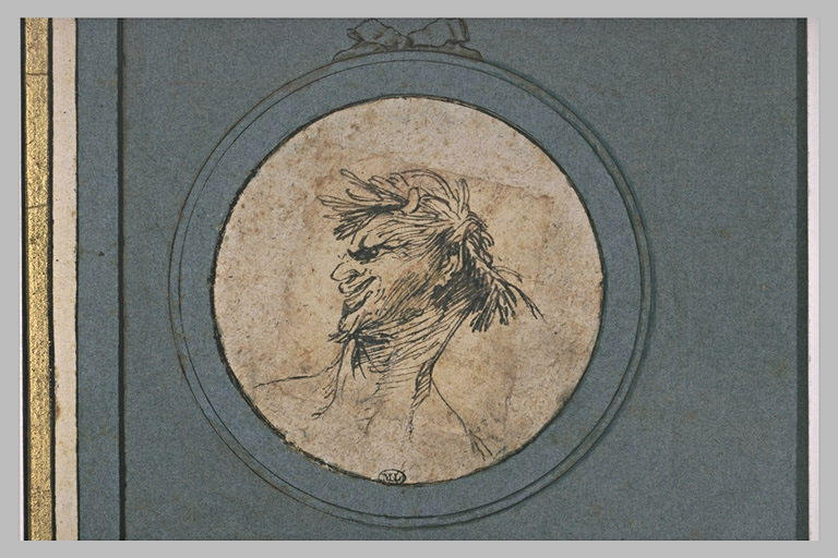 Caricature : buste d'homme, couronné de feuillage, tourné vers la gauche