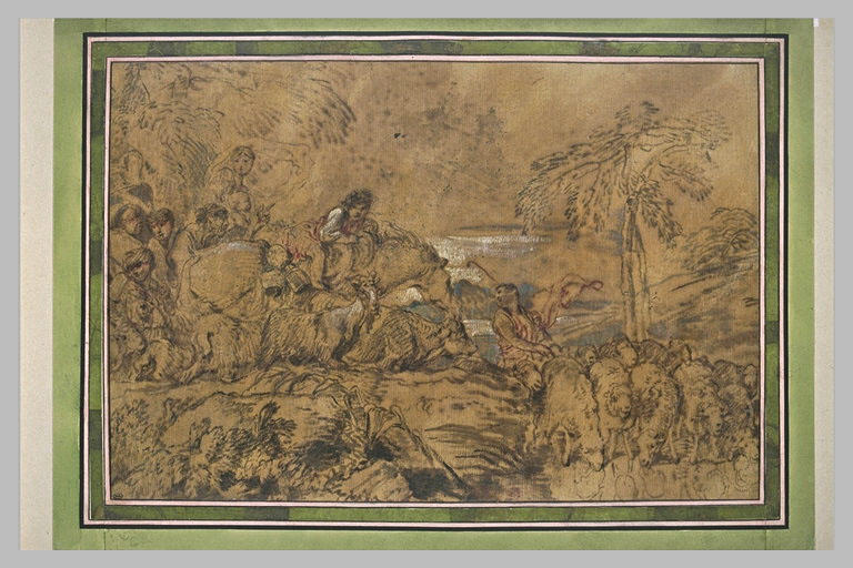 Scène de transhumance : des figures conduisant des troupeaux d'animaux